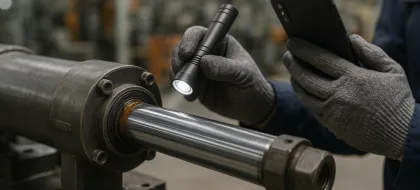 Technik kontrolujący uszczelnienie siłownika hydraulicznego na linii produkcyjnej, zbliżenie na tłoczysko i miejsce uszczelnienia.