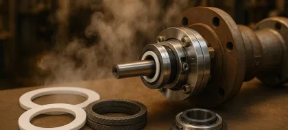 Uszczelnienia na instalacji parowej: uszczelki, pakuły i uszczelnienie mechaniczne przy rurze z parą.
