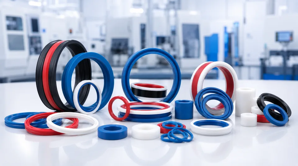 A set of CNC-turned technical seals in various sizes and colors, arranged on a light worktop against a blurred production hall background.