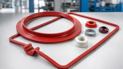 Czerwone uszczelnienie silikonowe oraz mniejsze tuleje i pierścienie techniczne ułożone na jasnym stole roboczym na tle lekko rozmytego parku maszyn.