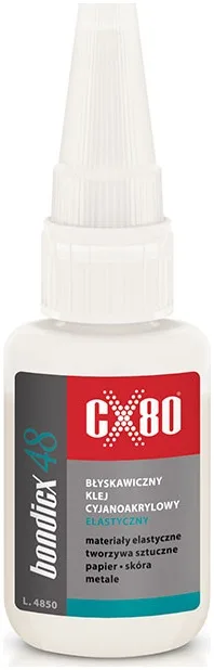 CX80 Bondicx 48, Jednoskładnikowy klej cyjanoakrylowy o średniej lepkości oraz podwyższonej elastyczności i wytrzymałości na oddzieranie.