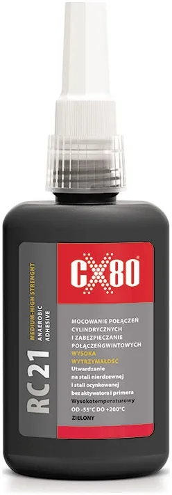 CX80 RC 21 - Klej anaerobowy do stali nierdzewnej. Do mocowanie połączeń cylindrycznych i zabezpieczenie połączeń gwintowych, wysoka wytrzymałość.