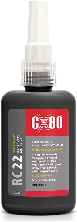 CX80 RC 22 - Klej anaerobowy do zabezpieczania metalowych połączeń gwintowych o niskiej sile łączenia. Wiąże pod wpływem kontaktu z metalowymi powierzchniami,...