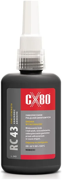 CX80 RC 43 - Klej anaerobowy do zabezpieczania metalowych połączeń gwintowych o średniej sile łączenia. Wiąże pod wpływem kontaktu z metalowymi powierzchniami,...