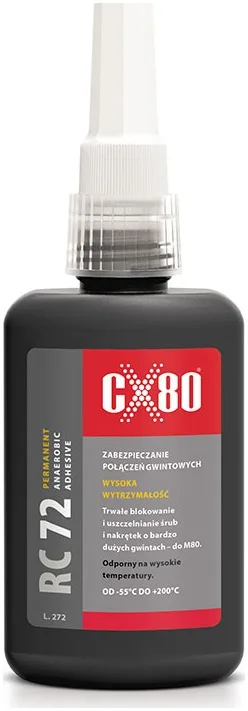 CX80 RC 72 - Klej anaerobowy do zabezpieczania metalowych połączeń gwintowych o bardzo dużej sile łączenia. Wiąże pod wpływem kontaktu z metalowymi...