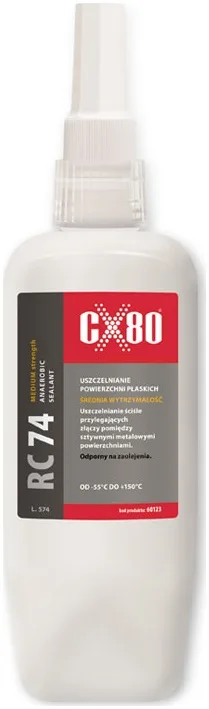 CX80 RC 74 - Uszczelniacz anaerobowy powierzchni płaskich o średniej wytrzymałości. Utwardza się pod wpływem kontaktu z metalowymi powierzchniami, przy braku...