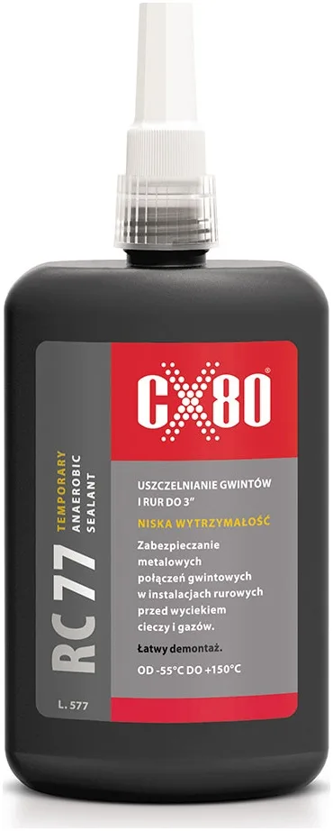 CX80 RC77 Uszczelniacz anaerobowy do rur o niskiej wytrzymałości. Utwardza się pod wpływem kontaktu z metalowymi powierzchniami, przy braku dostępu powietrza.