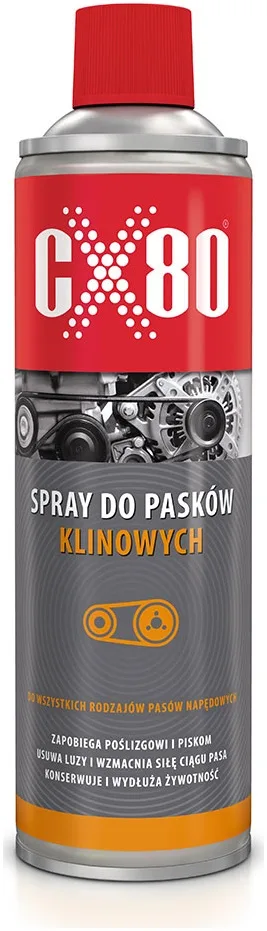CX80 Spray do pasków klinowych, Służy do wzmocnienia siły ciągu pasa, zapobiegając jego ślizganiu się, spowodowanemu: ciepłem, zimnem, wilgocią lub pyłem.