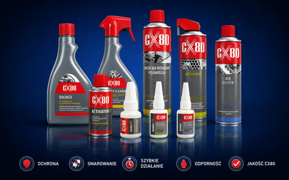 Zestaw produktów CX80 do ochrony, smarowania i szybkiego działania zaprezentowany na ciemnoniebieskim tle z efektem szklanego blatu i subtelnym odbiciem.