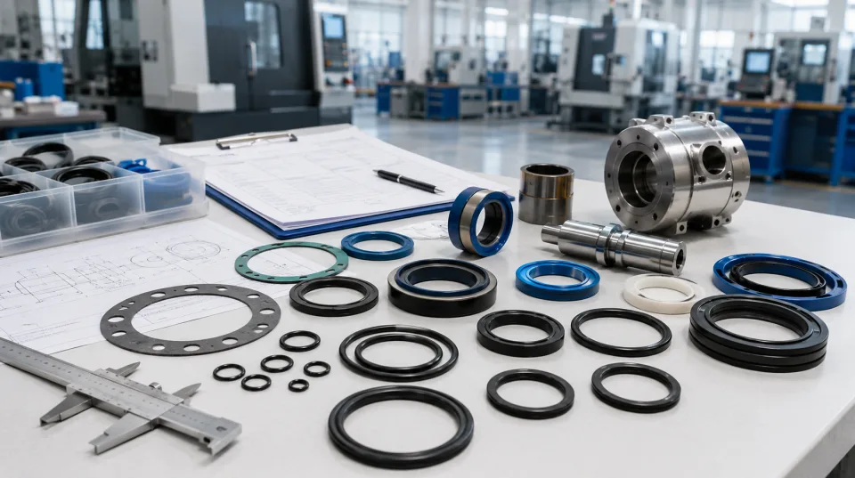 Różne uszczelnienia techniczne, O-ringi i elementy maszyn ułożone na jasnym stole roboczym obok suwmiarki, rysunków technicznych i formularza doboru, na tle hali produkcyjnej.