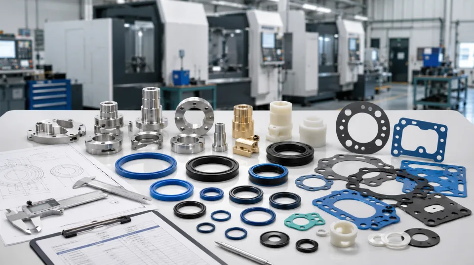 Uszczelnienia toczone CNC, uszczelki wycinane, elementy wulkanizowane oraz części z metalu i tworzyw konstrukcyjnych ułożone na stole roboczym na tle parku maszyn CNC.