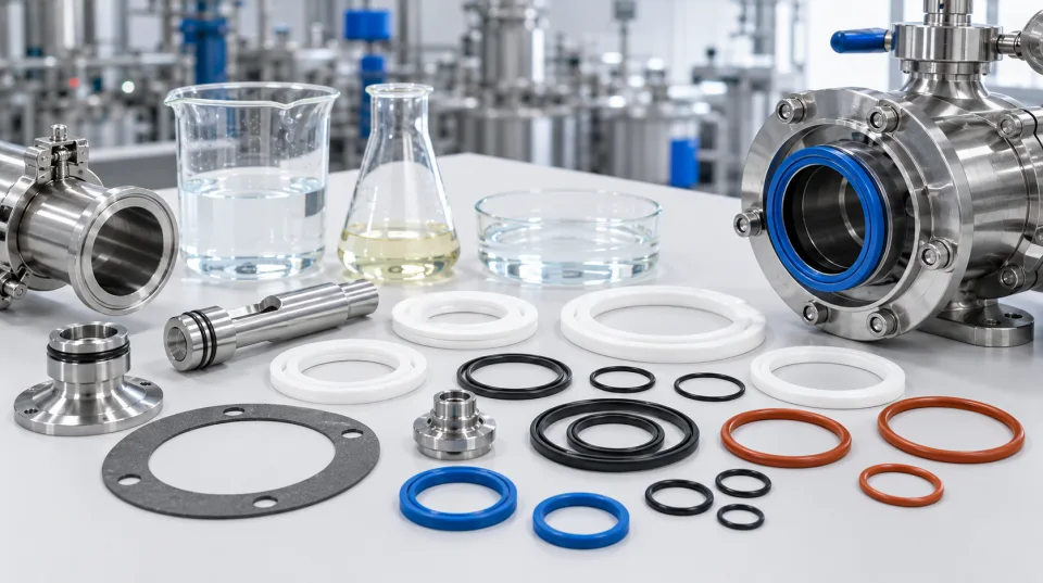 Uszczelnienia techniczne dla przemysłu chemicznego, w tym pierścienie PTFE, O-ringi FKM i EPDM, uszczelki grafitowe oraz elementy stalowe na tle nowoczesnej instalacji procesowej.