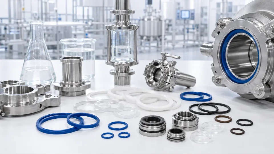 Uszczelnienia techniczne dla przemysłu farmaceutycznego, w tym pierścienie PTFE, uszczelki silikonowe, O-ringi EPDM i FKM oraz elementy ze stali nierdzewnej do instalacji procesowych.