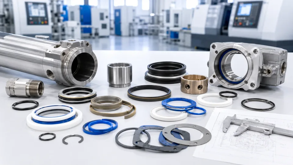 Uszczelnienia i elementy techniczne dla przemysłu maszynowego, w tym pierścienie hydrauliczne, O-ringi, uszczelki płaskie, tuleje oraz części CNC na stole roboczym z dokumentacją techniczną.