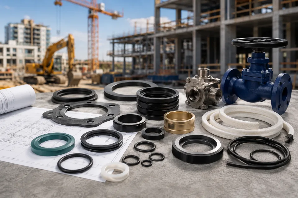 Uszczelnienia techniczne, uszczelki płaskie, O-ringi, sznury uszczelniające, tuleje i zawory do instalacji budowlanych ułożone na dokumentacji technicznej na tle placu budowy.
