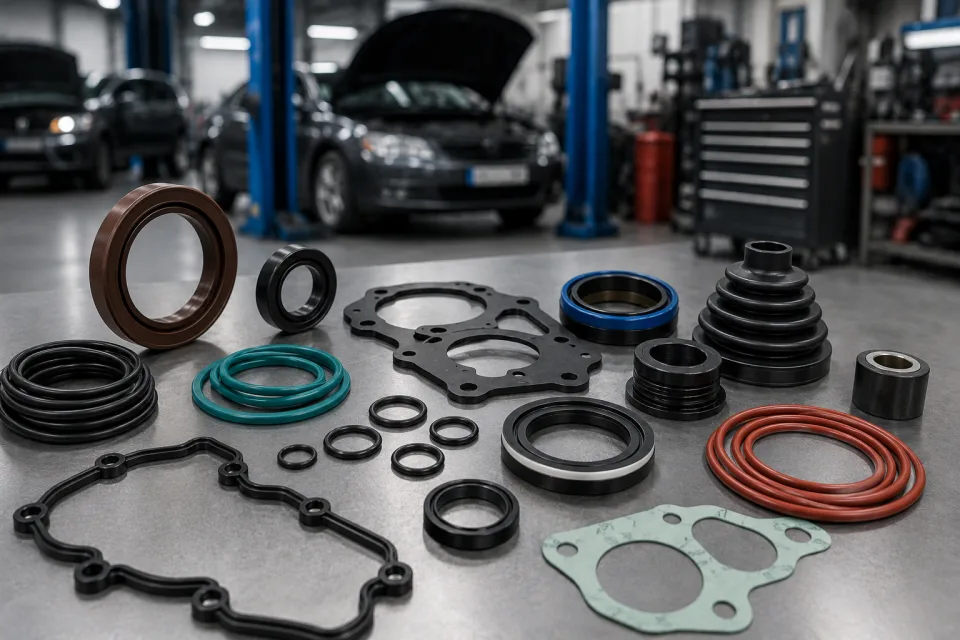 Uszczelnienia techniczne dla motoryzacji, w tym O-ringi, simmeringi, V-ringi, uszczelki płaskie i elementy gumowe ułożone na stole warsztatowym na tle serwisu samochodowego.