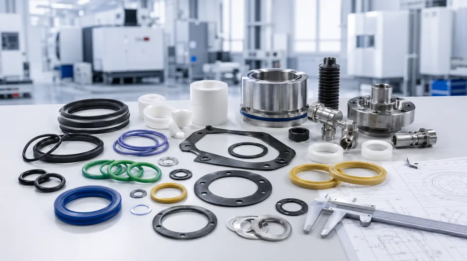 Uszczelnienia techniczne, O-ringi, uszczelki płaskie, pierścienie PTFE, elementy gumowe i części CNC ułożone na stole roboczym z dokumentacją techniczną w nowoczesnym zapleczu przemysłowym.