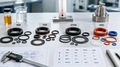 Realistyczne zdjęcie uszczelnień technicznych z materiałów NBR, FKM, EPDM i VMQ ułożonych na biurku technicznym obok próbek mediów, suwmiarki i rysunku technicznego.