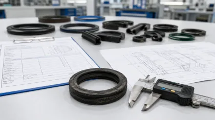 Zdjęcie zużytego uszczelnienia technicznego na biurku obok suwmiarki, rysunku technicznego i formularza z parametrami potrzebnymi do prawidłowej wyceny.