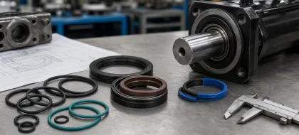 Uszczelnienia techniczne, suwmiarka i element hydrauliczny przygotowane do doboru części ograniczających przestoje produkcji.