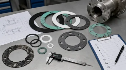 Uszczelki płaskie z różnych materiałów ułożone na technicznym biurku obok suwmiarki, rysunku technicznego, formularza zapytania ofertowego i metalowego kołnierza instalacji.